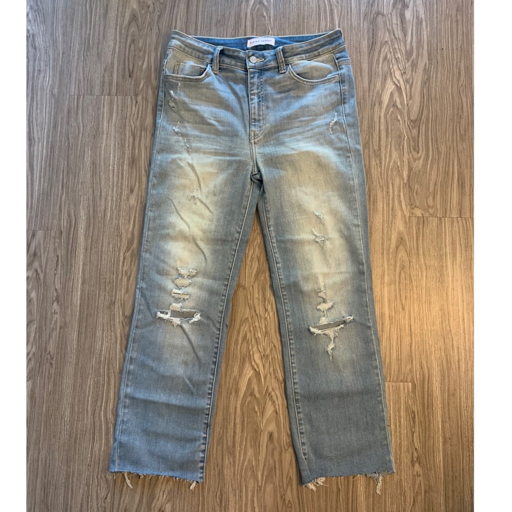 Distressed straight leg denim